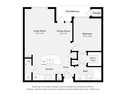 Floor plan for 1 bed, 1 bath, 783 sqft